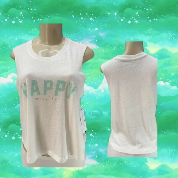 Spiritual Gangster L Eggshell Happy Statement Crew Neck Raw Edge Crop Tank Top - Picture 1 of 6